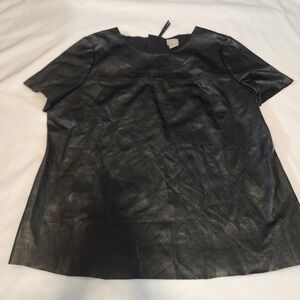 Chico's Size 2 Black Raw Edge Faux Leather Zip Back Linen Block Top